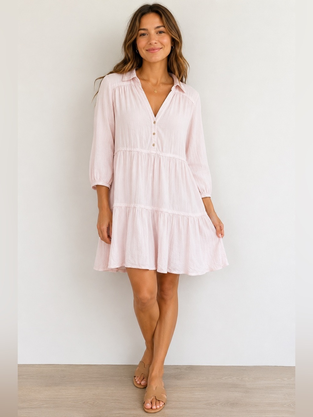 Zara Light Pink Tiered Mini Dress Collared Button Front 3/4 Sleeve linen blend